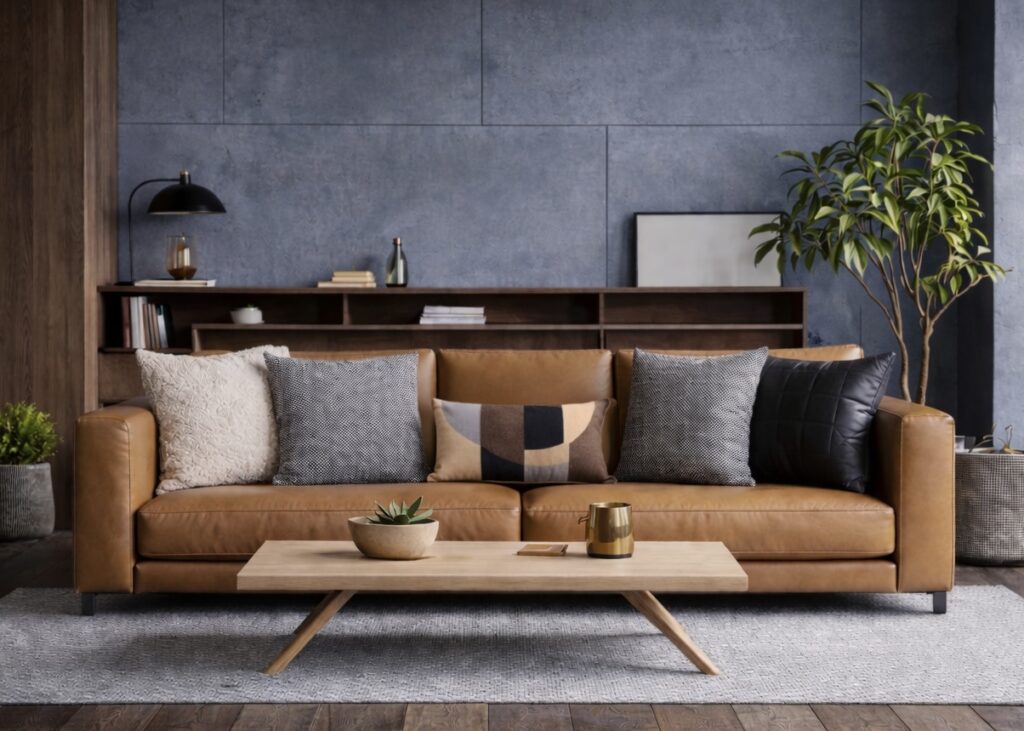 Tan leather sofa styled with black and beige cushions in a moody modern living room