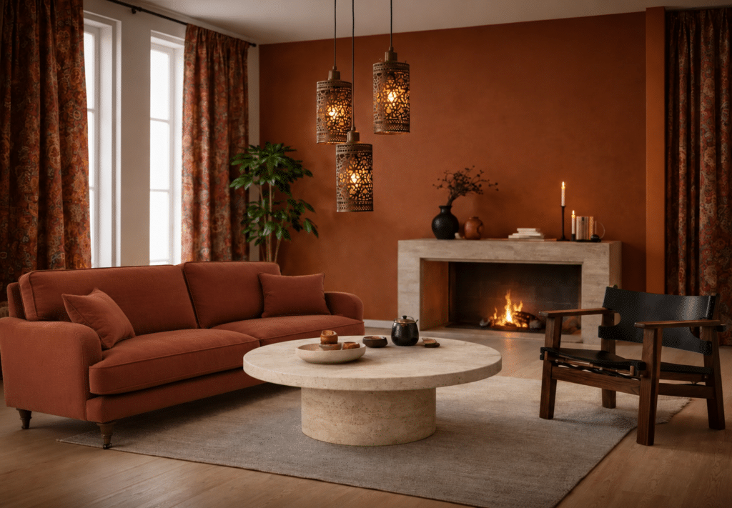 Rust-orange living room with a burnt terracotta feature wall, rust velvet sofa, three Moroccan-style pierced metal pendant lights, a round travertine coffee table, a lit fireplace, and a black leather campaign-style armchair.