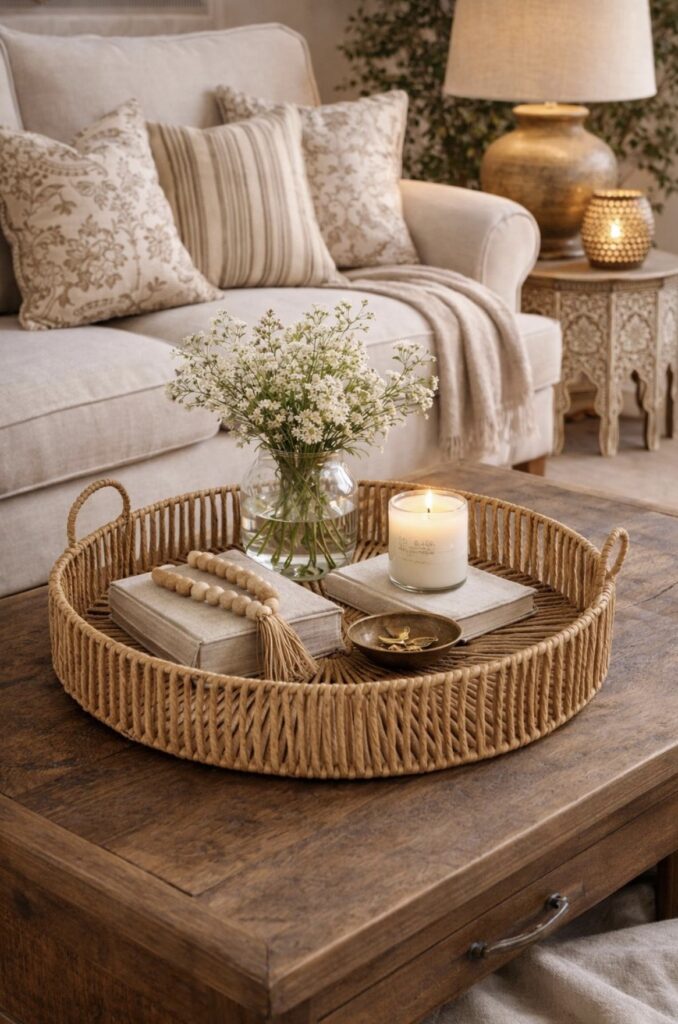 Round woven decorative tray on a wooden coffee table with flowers, books, and a candle in a cosy neutral living room.