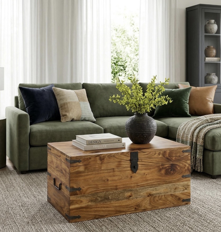 Dark rounded vase with green stems styled on a wooden chest coffee table in front of a green sofa, showing coffee table décor ideas with vases.