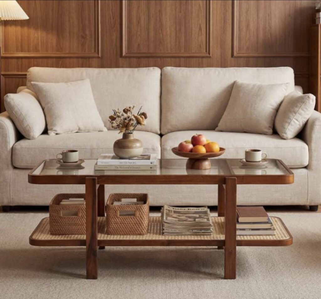Retro Coffee Table – RECTANGLE, a glass top coffee table styled in front of a beige living room sofa with books, cups, woven baskets, and a fruit bowl.