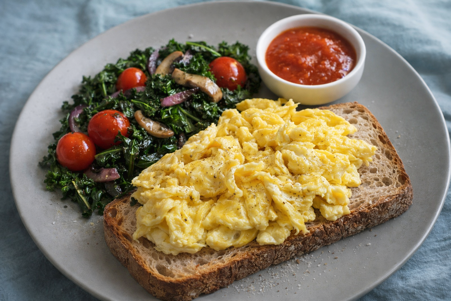 Scrambled eggs on toast with sautéed kale, mushrooms, cherry tomatoes and smoky tomato relish