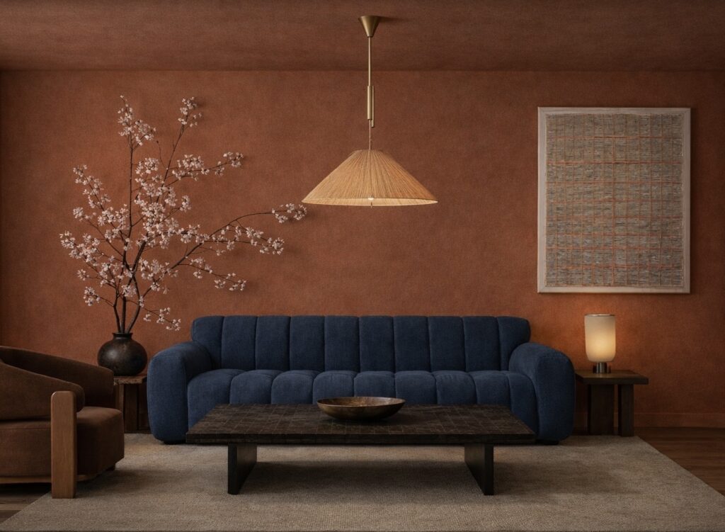 Living room with burnt orange walls, blue sofa, dark wood coffee table, woven pendant light and neutral rug.