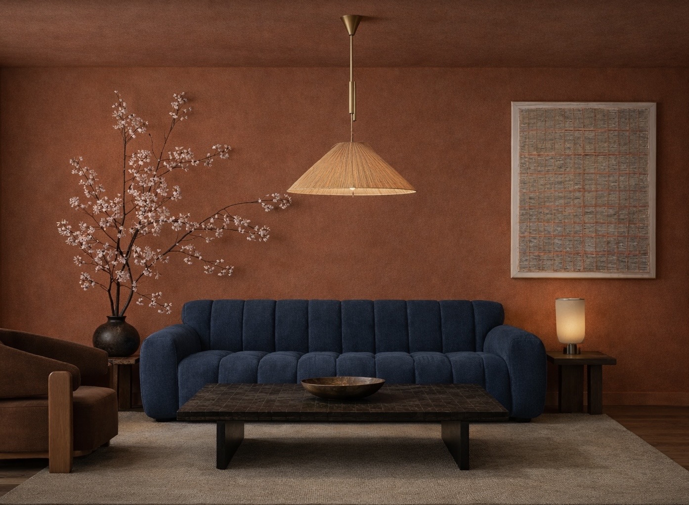 Burnt orange walls with a deep blue sofa, dark wood furniture and woven pendant light
