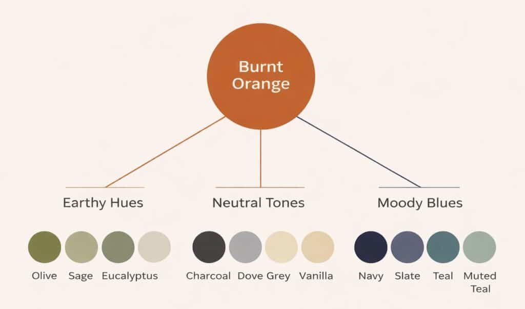 Burnt orange colour palette chart showing earthy greens, soft neutrals and moody blues that pair well in a living room.