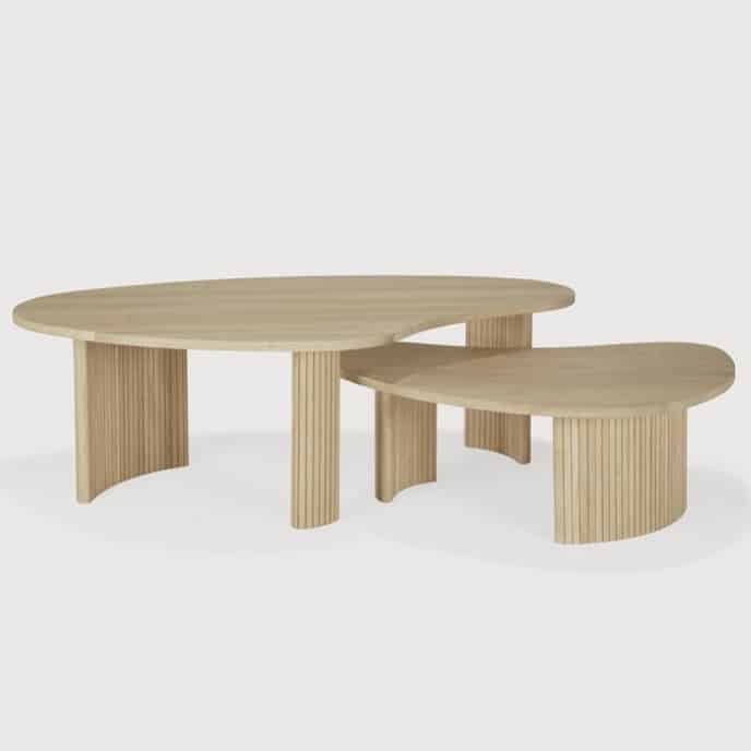 Ethnicraft oak boomerang coffee table in orange living room