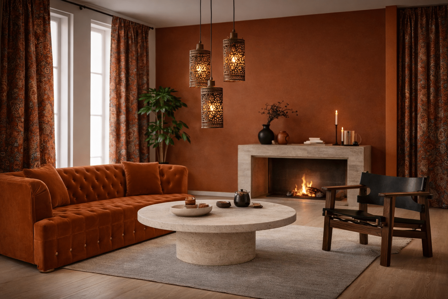 Rustic burnt orange living room with velvet sofa, kilim curtains, pierced pendant lights and a round stone table