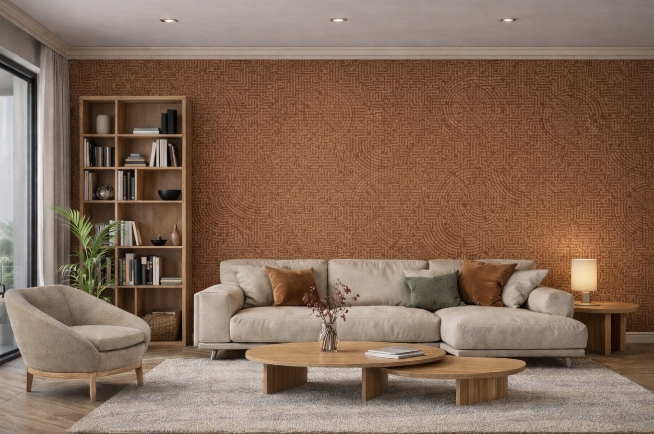 Living room with geometric rust wallpaper, cream sofa, pale oak shelving and a neutral rug
