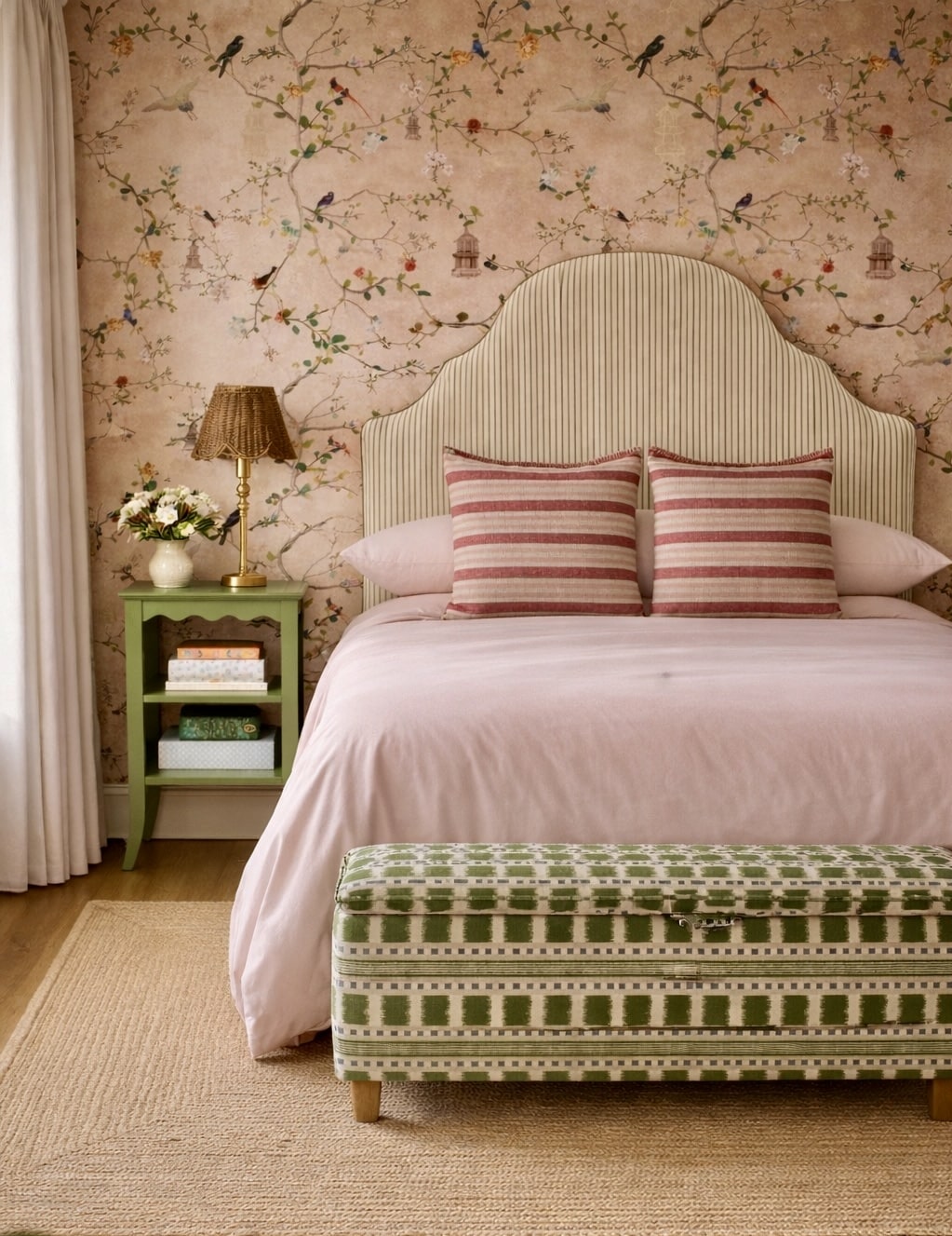 Floral pink and green bedroom idea for adults with pink wallpaper, green bedside table and striped headboard