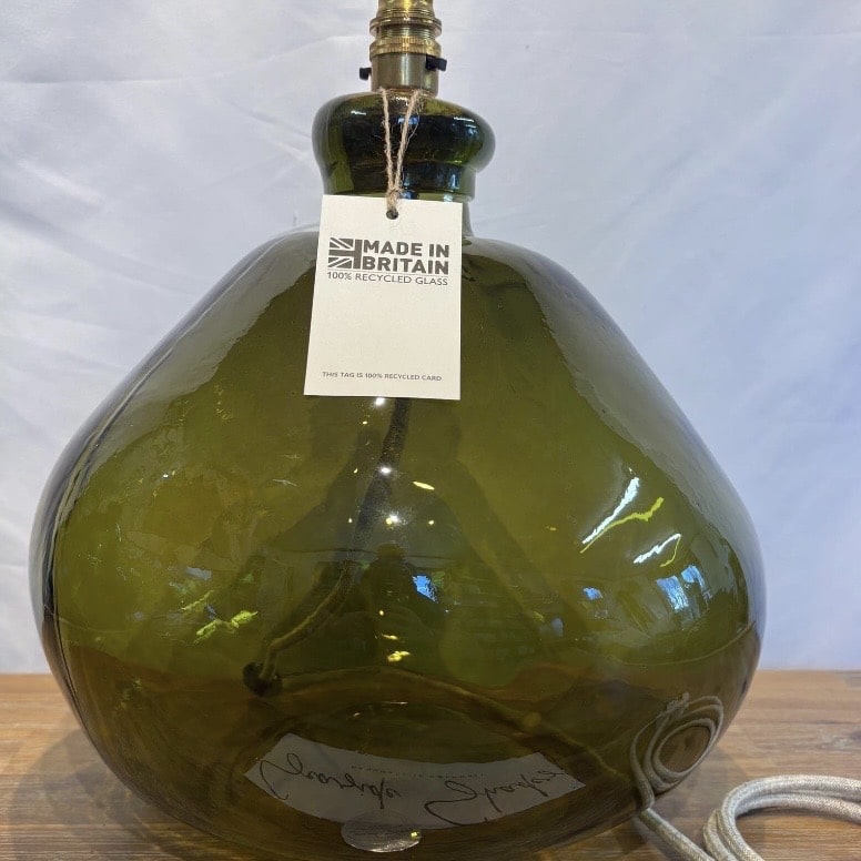 Olive green recycled glass table lamp base for a pink and green bedroom