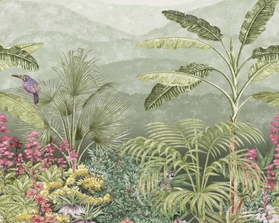 Botanical mural wallpaper for a pink and green living room