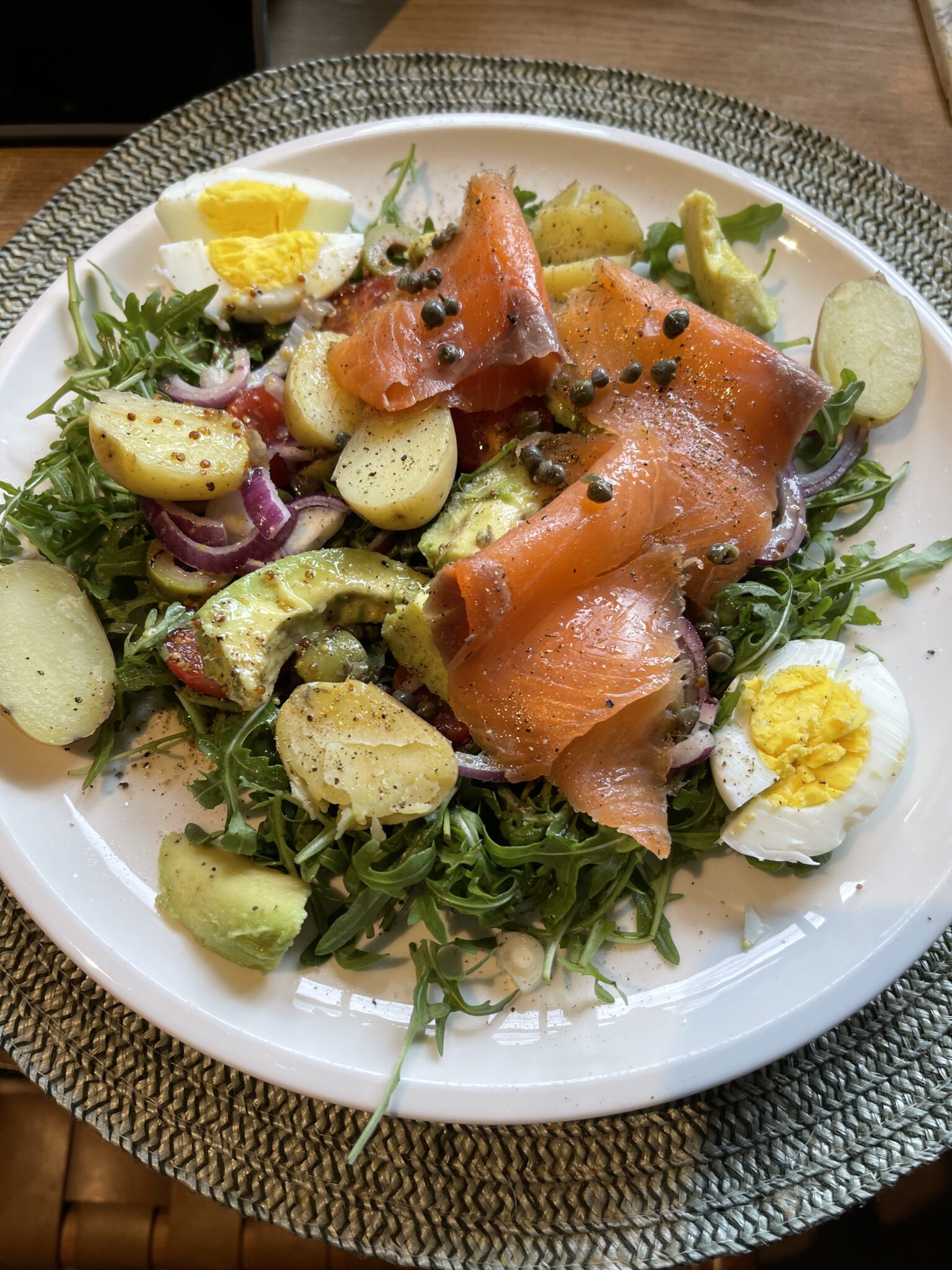 Smoked salmon salad with avocado, boiled egg, new potatoes, rocket, capers and sherry vinegar dressing