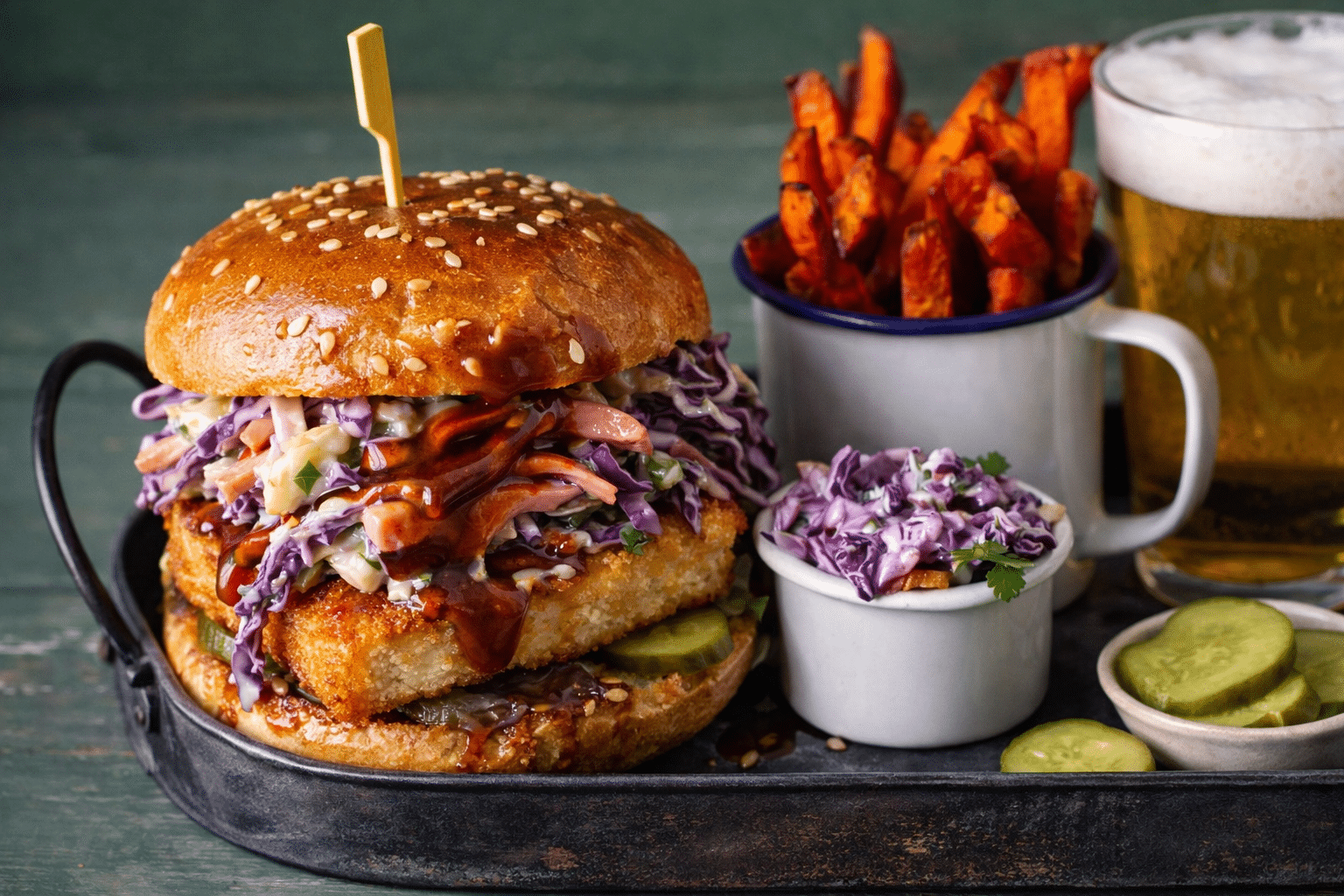 Crispy tofu burger with tonkatsu sauce, slaw and pickles