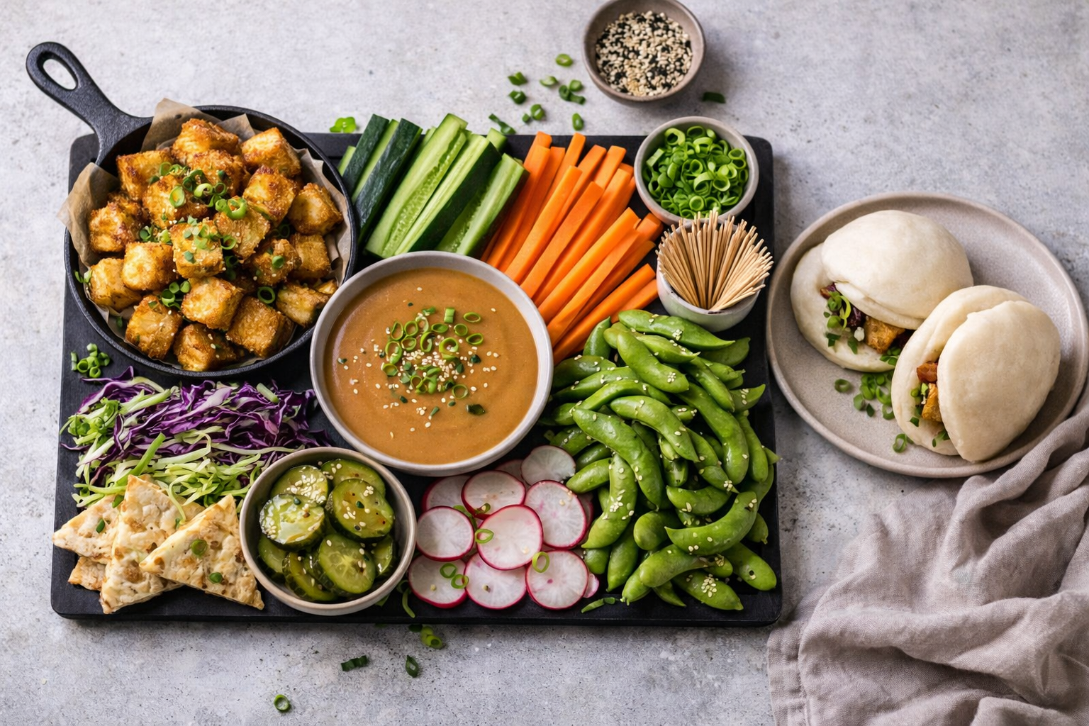 Crispy tofu katsu bites served with carrot and cucumber sticks and dipping sauce