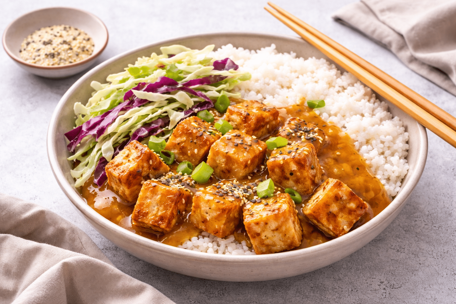 Tofu katsu curry bowl with crispy tofu cubes, rice, cabbage slaw and curry sauce