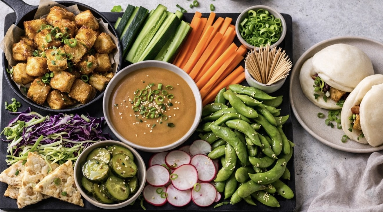 Crispy tofu katsu bites served with carrot and cucumber sticks and dipping sauce