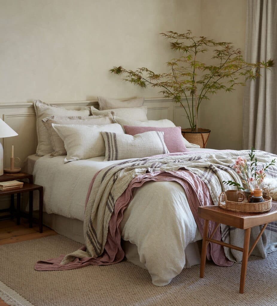 Beige bedroom with layered Sid Stripe linen bedding in oatmeal, a dusky pink throw, striped cushions and a wooden end-of-bed bench