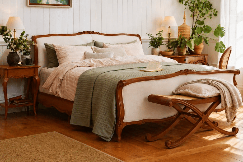Louis XV upholstered bed with carved Rococo detailing against painted wall panelling in a Parisian-style beige bedroom