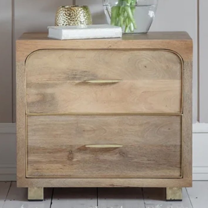 Miro mango wood bedside drawer for a charcoal beige and black bedroom