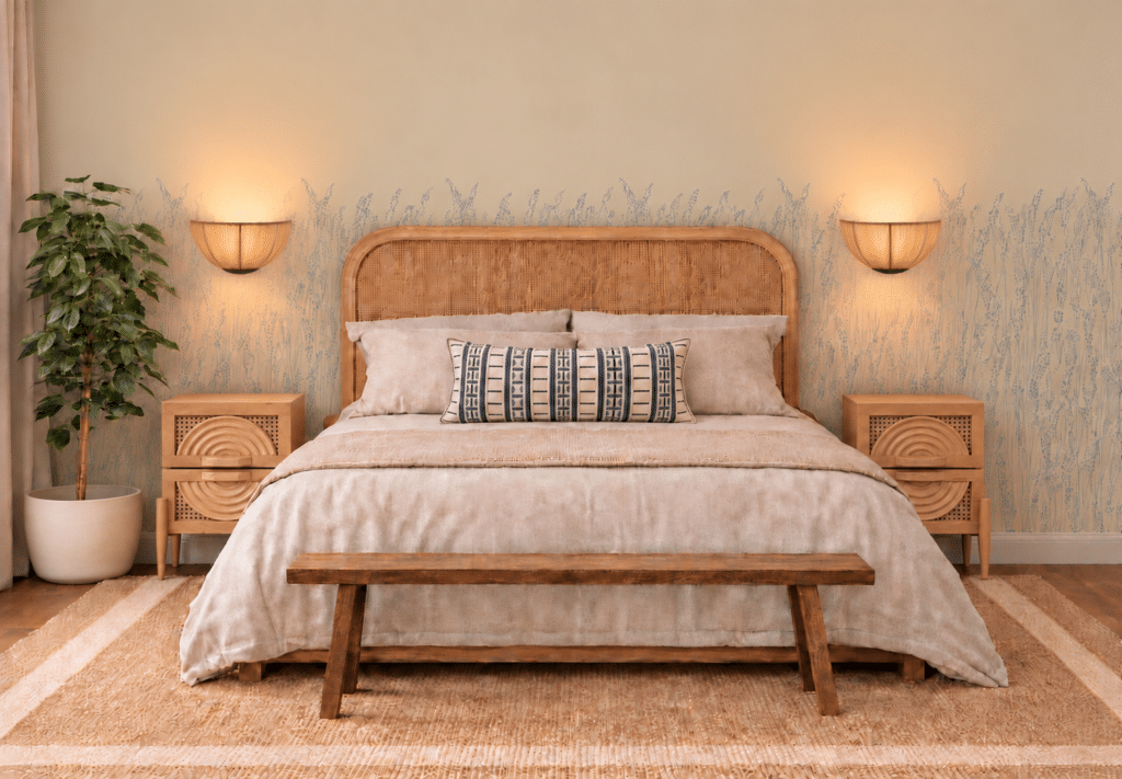 Boho beige bedroom with Farrow & Ball Feather Grass border wallpaper, a cane bed, carved bedside tables, wall lights and a wooden end-of-bed bench