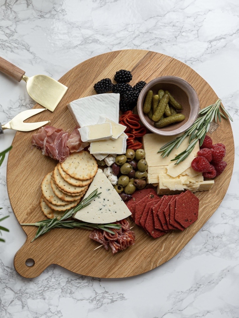 Large Scottish oak charcuterie board styled with cheese, crackers, olives and charcuterie meats – WOODNByShane on Etsy