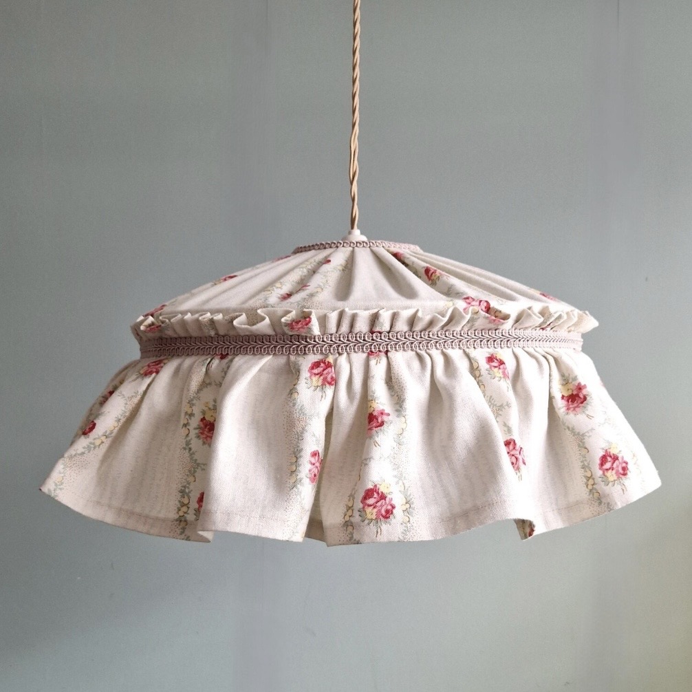 frilled floral pendant lampshade with soft fabric gathers hanging cottage style ceiling lighting