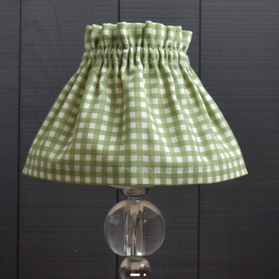 green gingham scrunchie lampshade with gathered fabric for cottage bedroom lighting