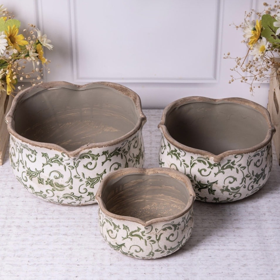 vintage green scalloped ceramic plant pots floral pattern cottage bedroom decor accessories