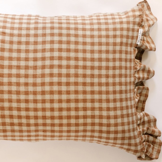 rose gingham ruffle pillowcase for cottage bedroom bedding with warm layered textiles