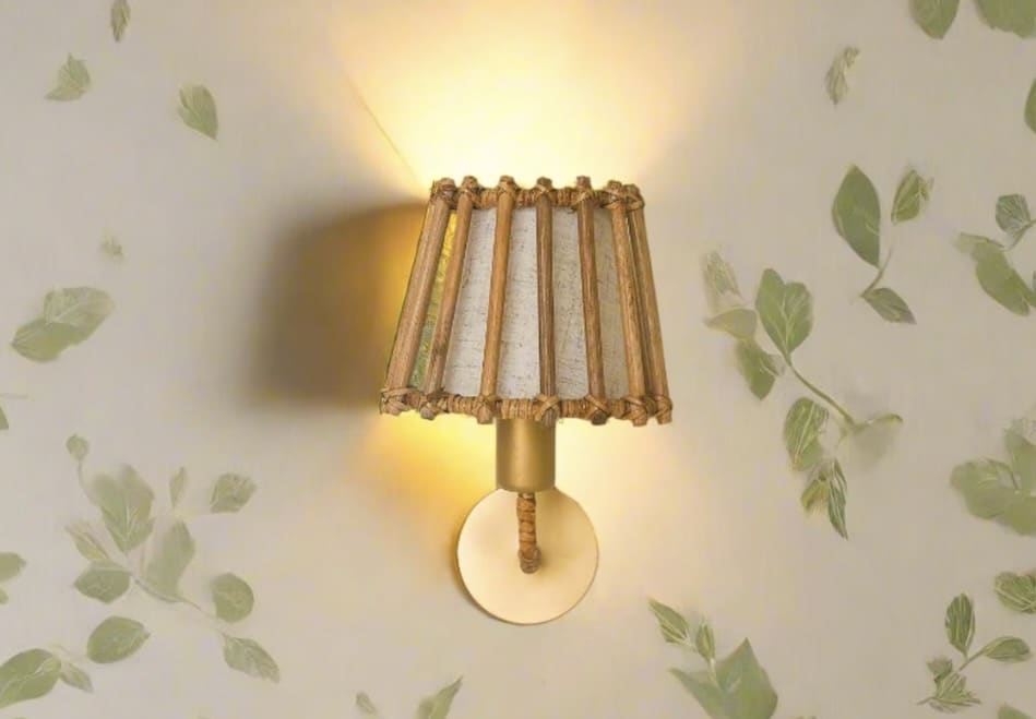Rattan wall light with pleated shade