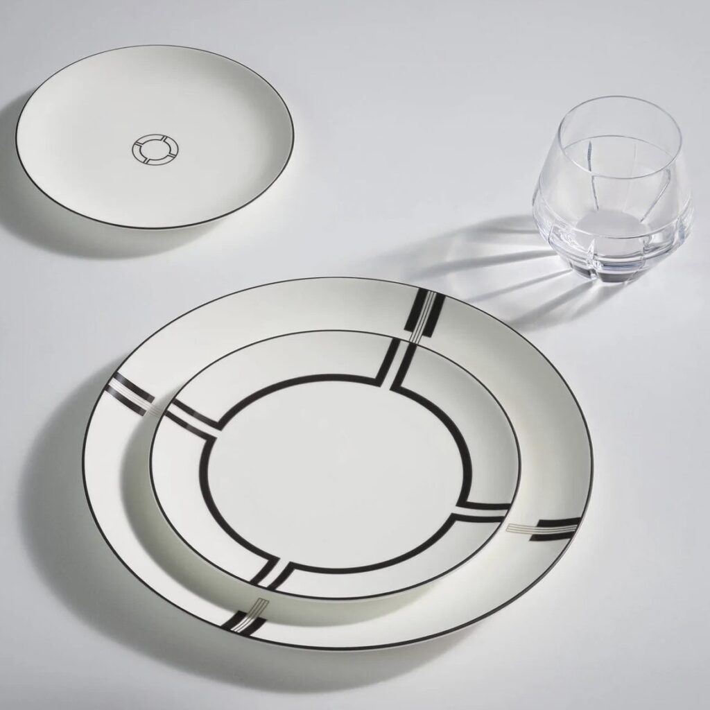 Wedgwood Vera Wang Luxe Graphite dinner plate with graphite stripe detail for a formal dining room table setting