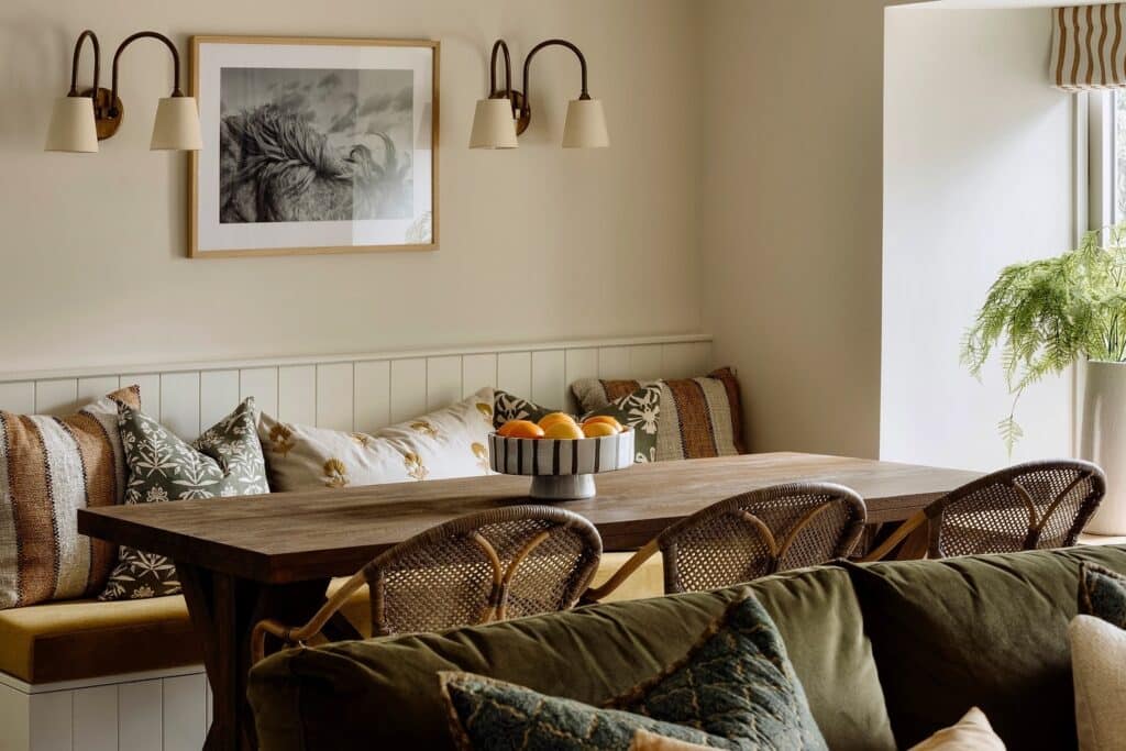 dining room with Farrow and Ball School House White tongue and groove panelling, wall sconces and large framed artwork above a dark wood dining table