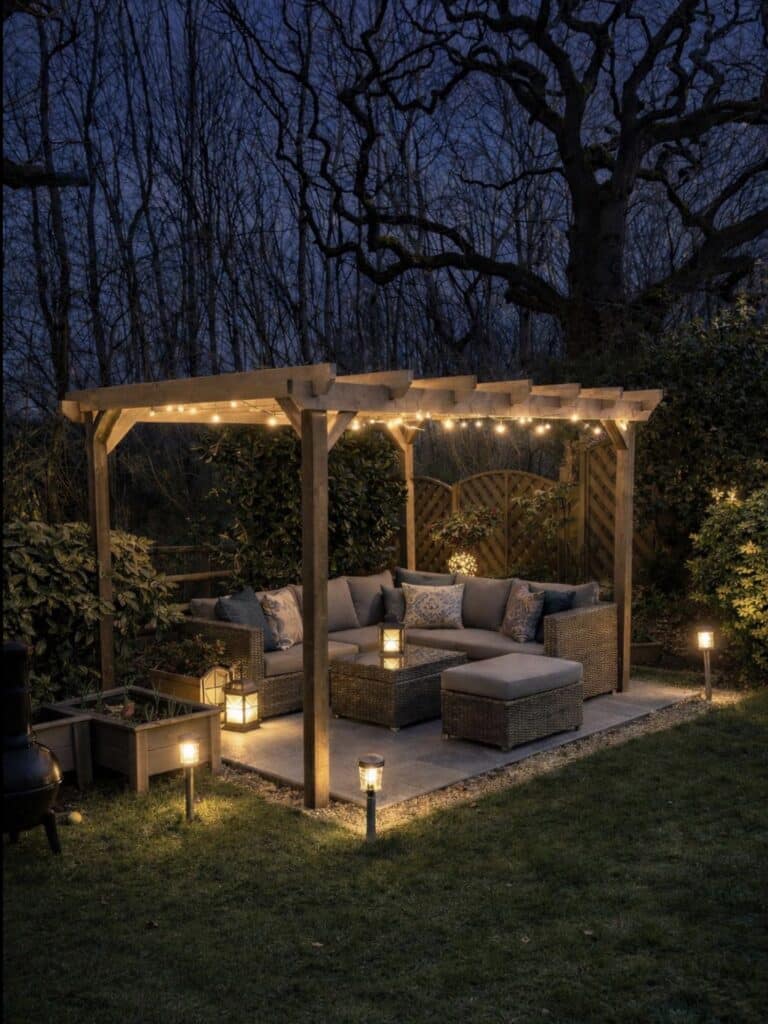 Heavy duty timber pergola at night with festoon lights and lanterns over outdoor sofa set on a lawn surrounded by mature trees
