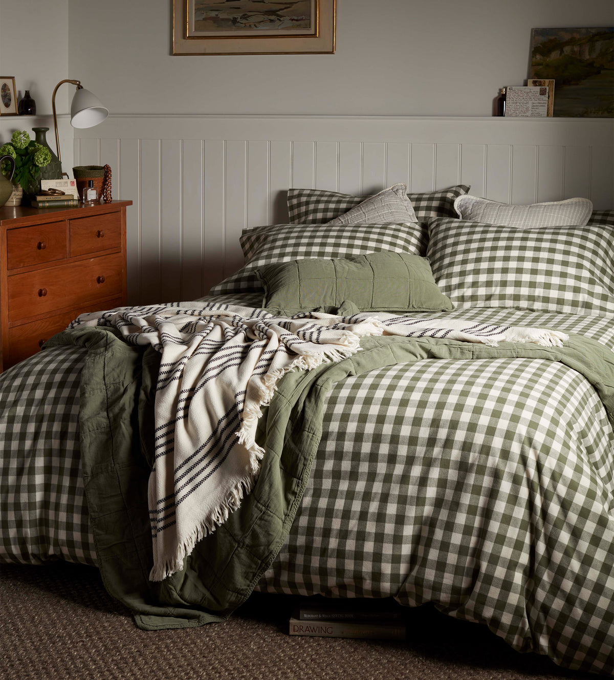 Green and beige bedroom check bedding