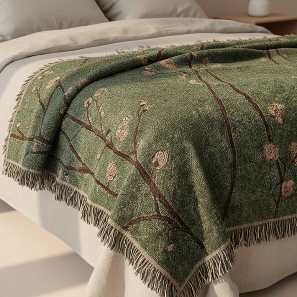 Green Floral Jacquard Woven Throw - LifaFinds