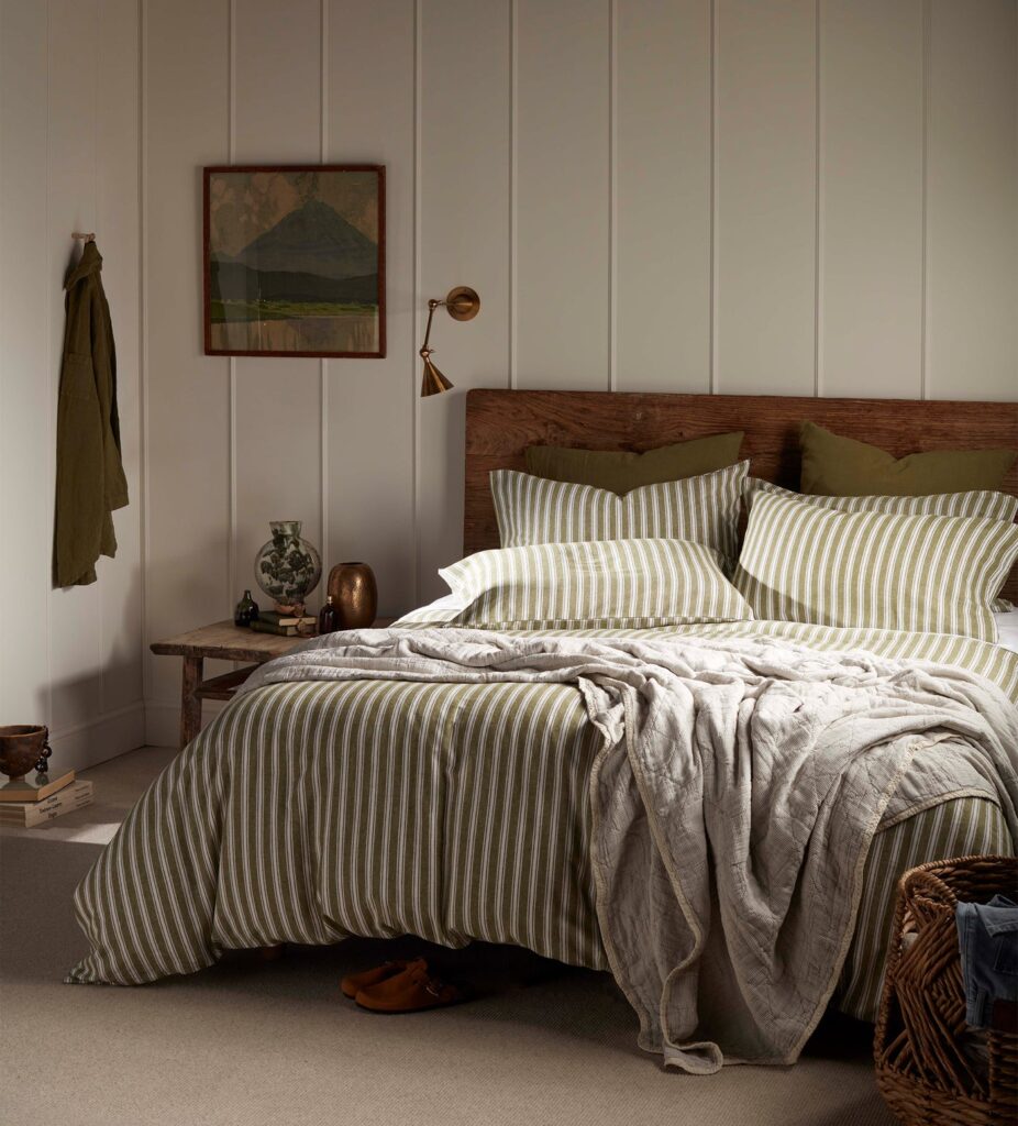 Green and beige bedroom striped bedding