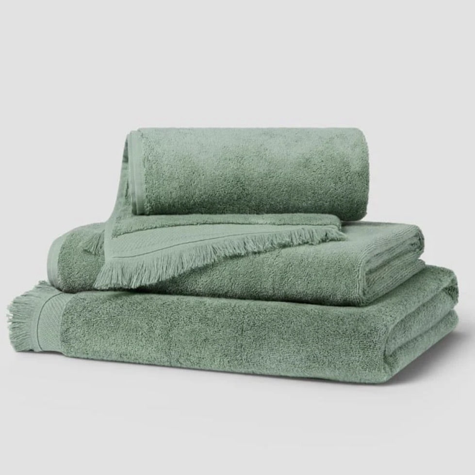 Piglet in Bed moss green fringe edge cotton towels