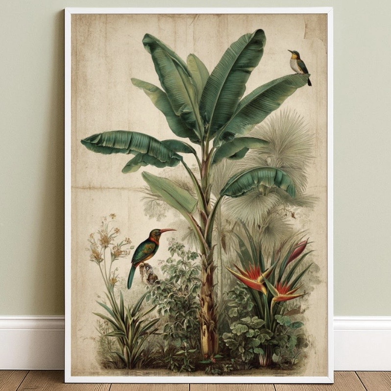Vintage botanical wall art for rustic bathroom