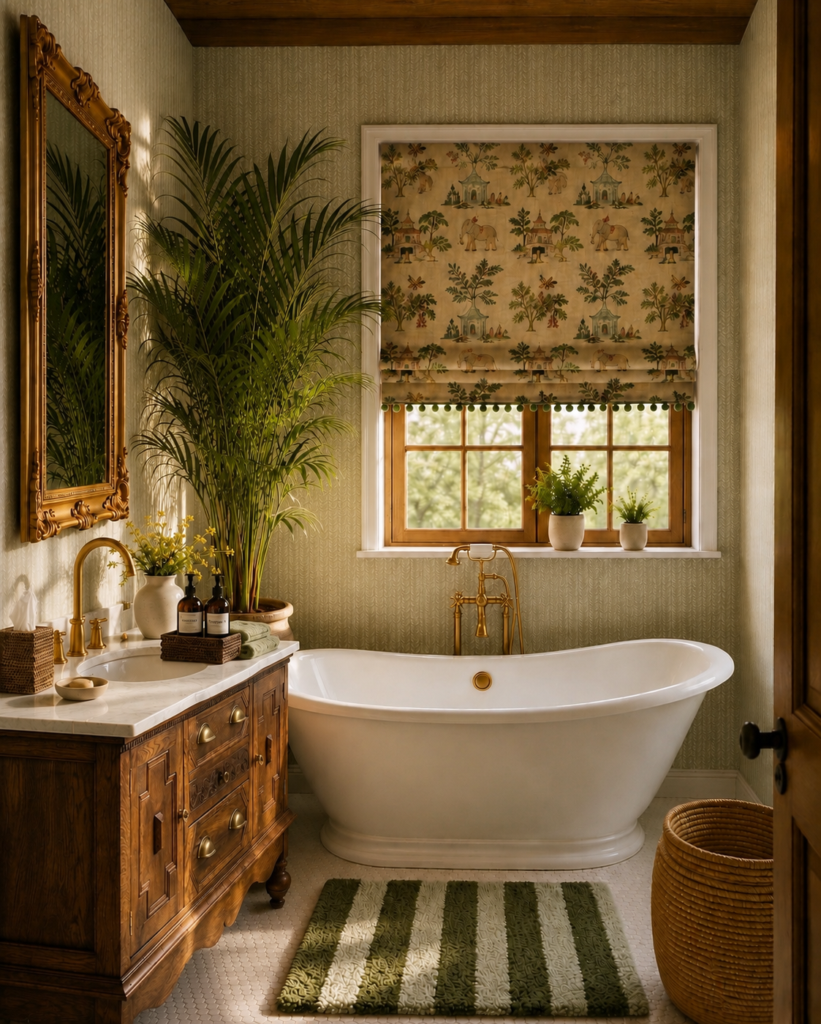 Rustic bathroom with oak vanity, freestanding bath, botanical Roman blind, striped green bath mat and lush palm plant in a warm country-style interior.