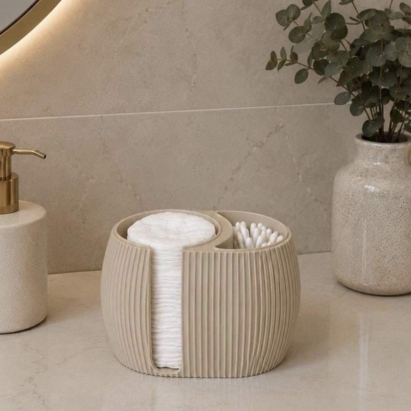 Ribbed bathroom organiser in Japandi neutral decor by TheFormaLab