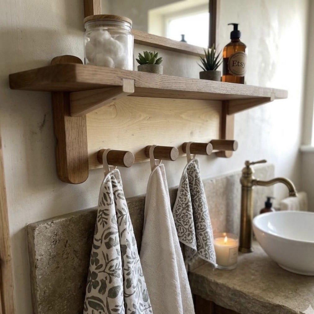 Solid wood wall shelf with pegs for bathroom by TheWoodenDesignShop