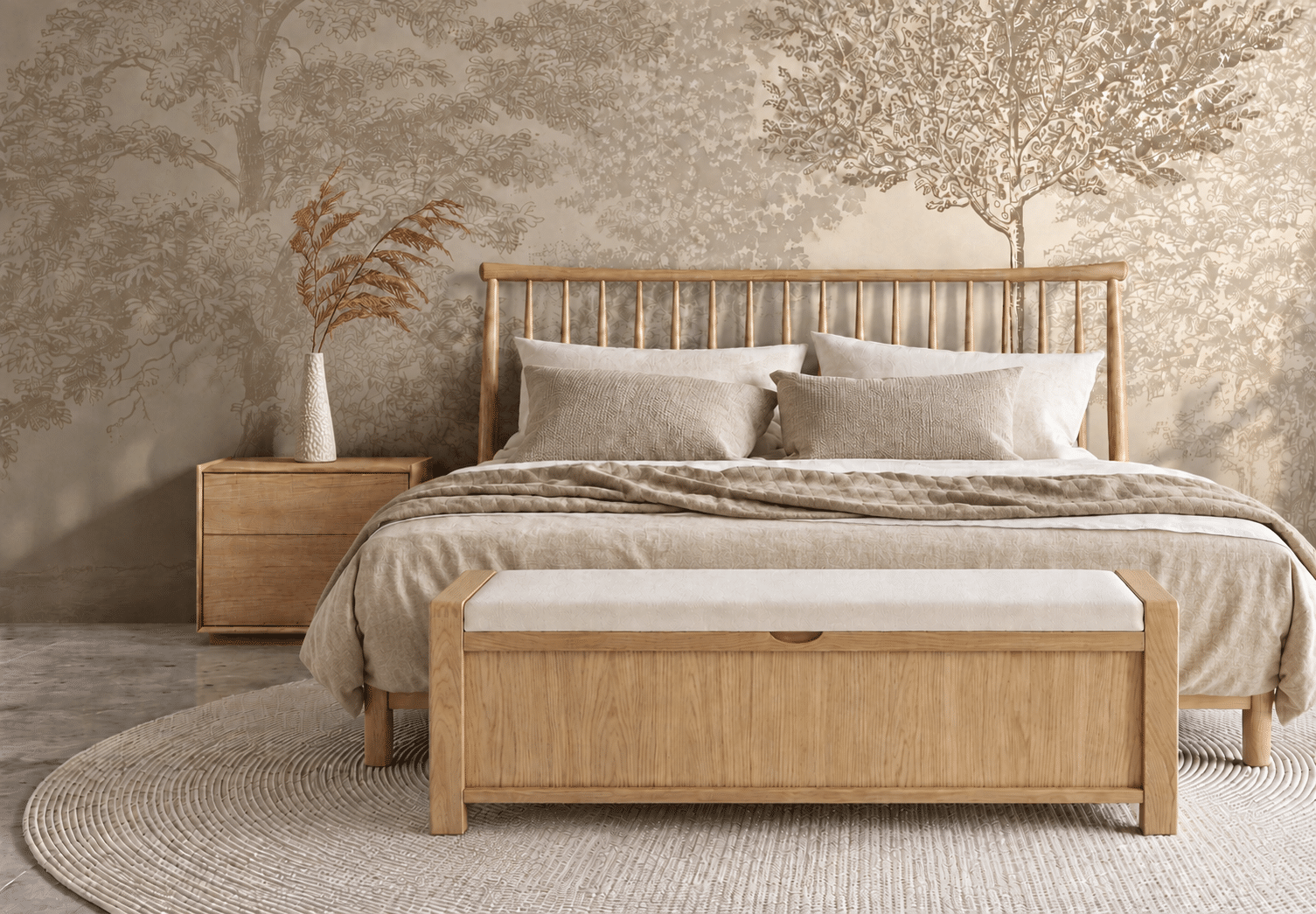 Modern beige bedroom with Oxford Stone panelled walls