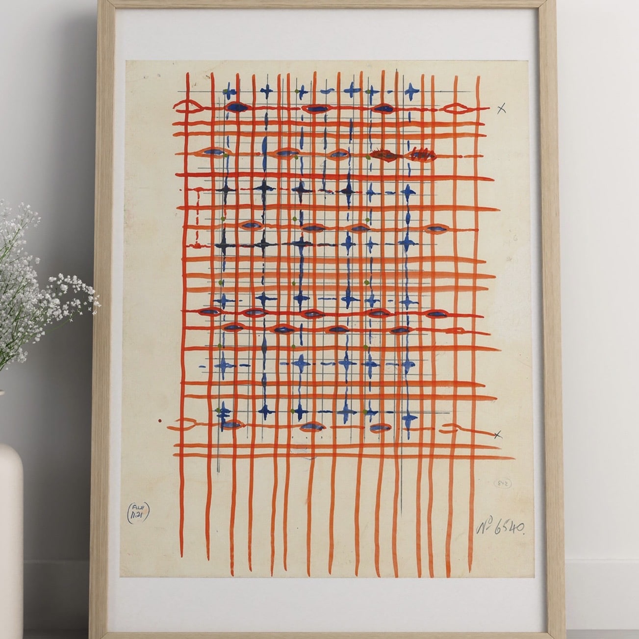 Mid-century orange and blue geometric textile art print from ThePointPaperArtCo