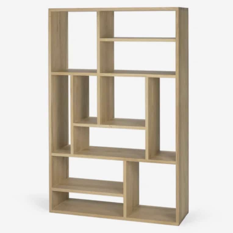 Ethnicraft M Rack oak shelf system from Holloways of Ludlow in orange living room