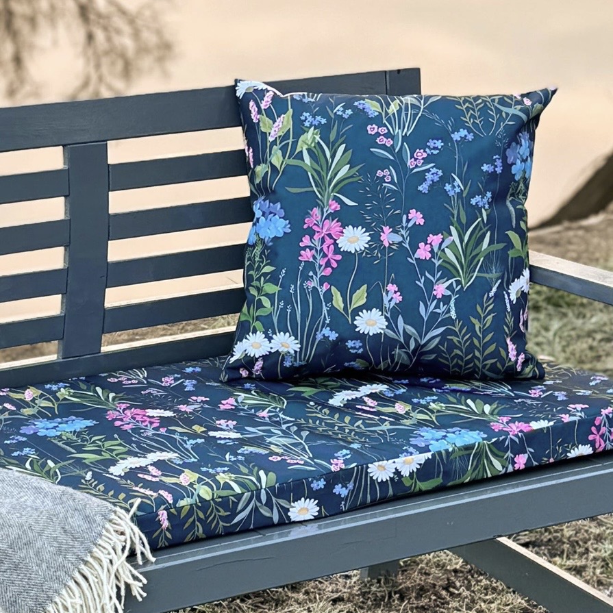 Dark navy botanical floral outdoor bench cushion and seat pad on garden bench by CelinaDigby