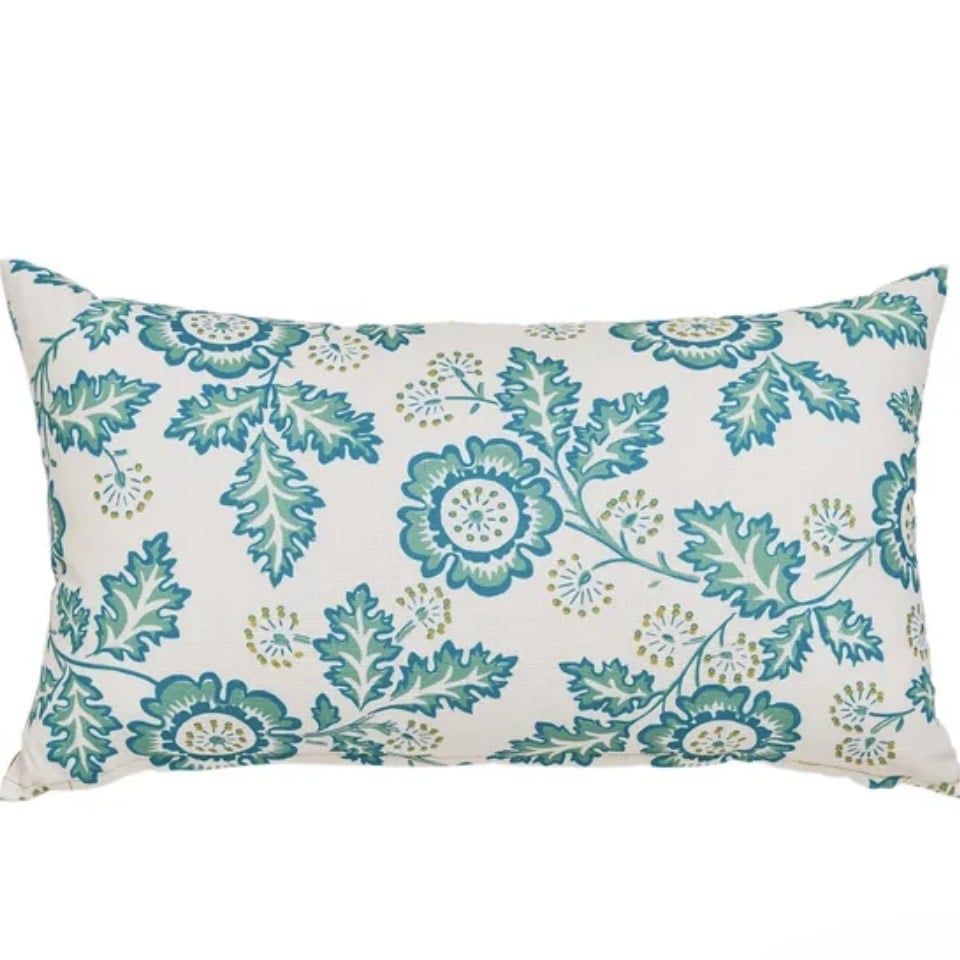 Land and Shore River outdoor cushion in teal block floral print