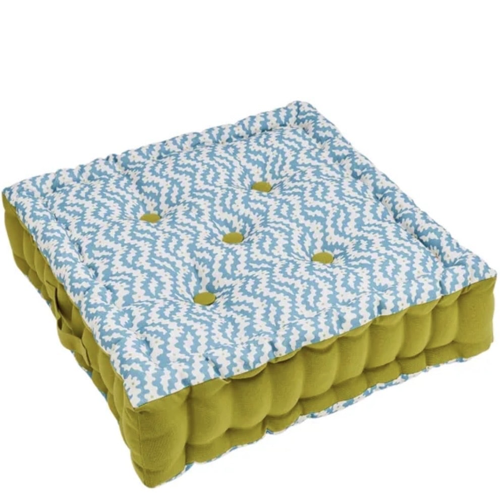 Land and Shore Sperrin outdoor floor cushion in blue geometric print with olive green sides
