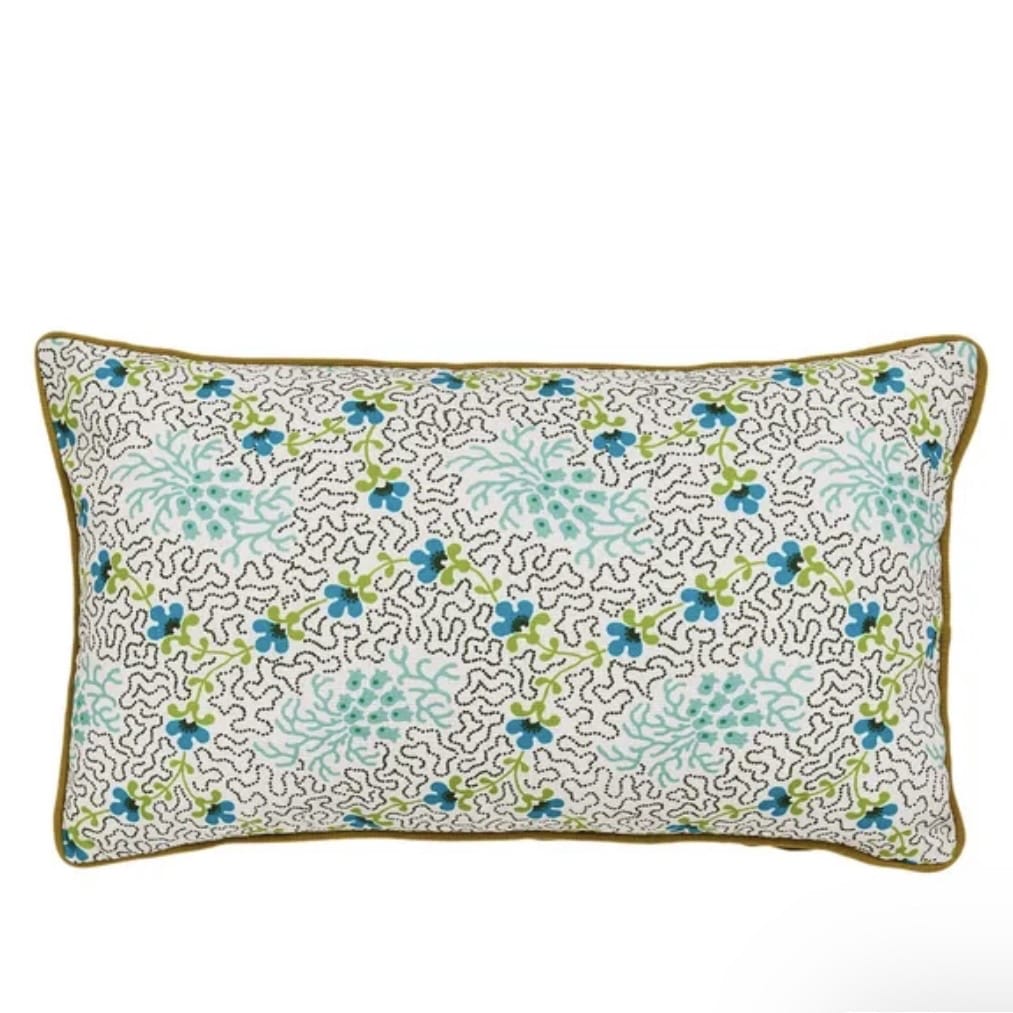 Land and Shore Dotty outdoor cushion in teal and green floral pattern
