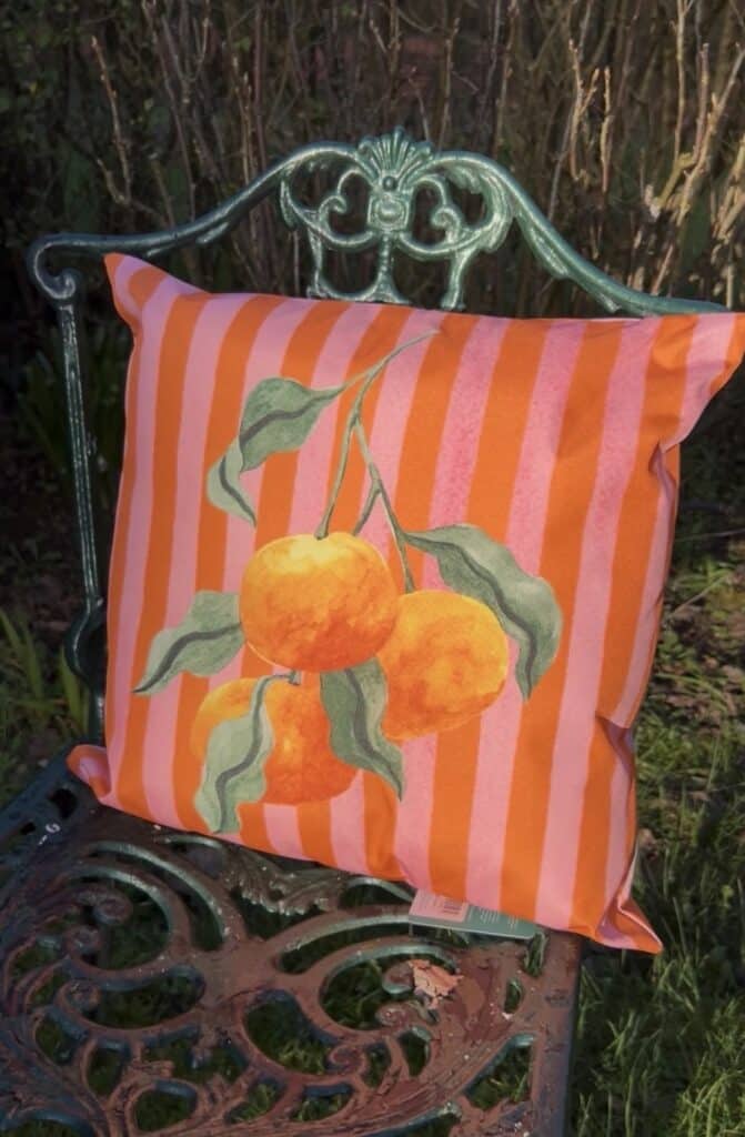 Water resistant striped outdoor garden cushion in pink and orange with hand-painted peach motif on ornate cast iron garden chair