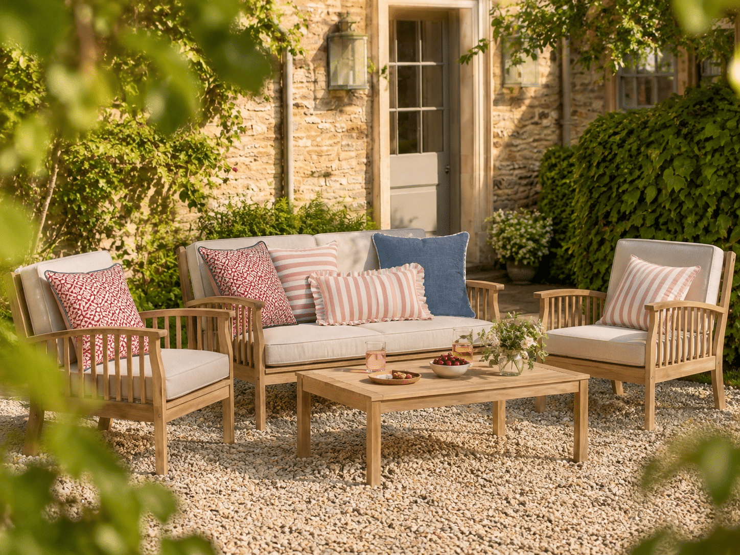Teak garden lounge set styled with red and white striped and block print outdoor cushions on a gravel terrace outside a Cotswold stone house